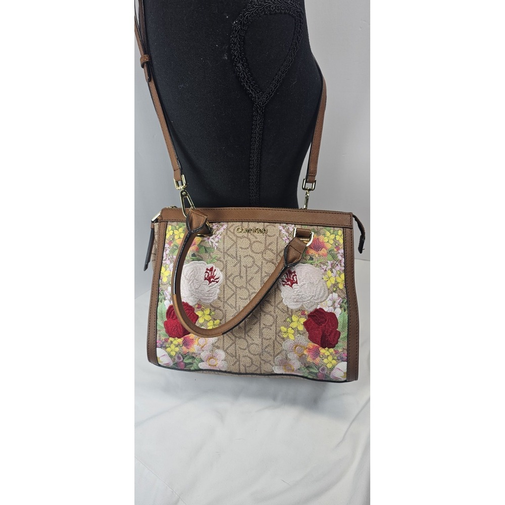 Calvin Klein Floral Embroidered Satchel Crossbody Logo Bag Brown Beige - Picture 1 of 9